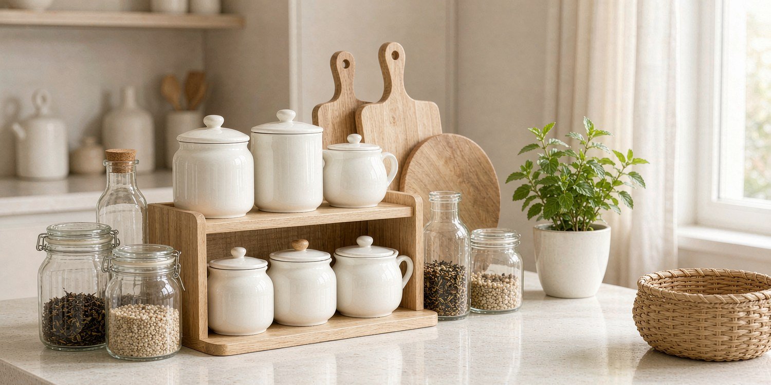 Organized kitchen storage scene with racks, jars and baskets